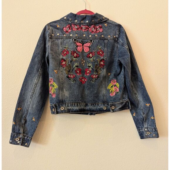 Bagatelle Embroidered Floral Butterfly Bee Trucker Denim Jacket   Sz M - Picture 6 of 10